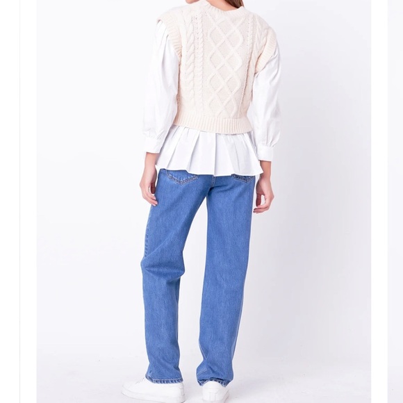 English Factory Mixed Media Cable Detail Sweater in Cream and White - Small - Picture 3 of 10